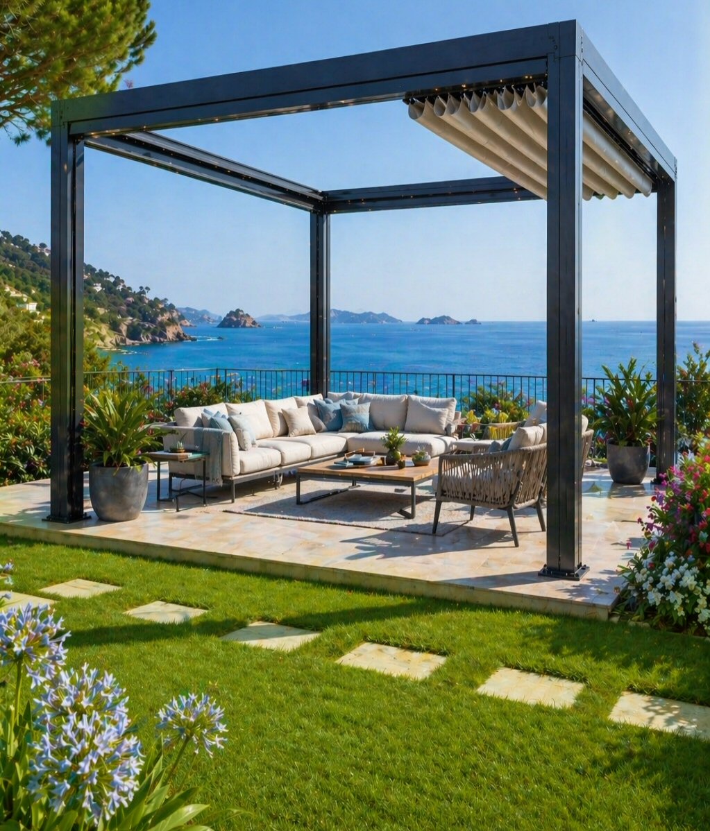 Pergola bioclimatica con copertura retrattile moderna e luci a led